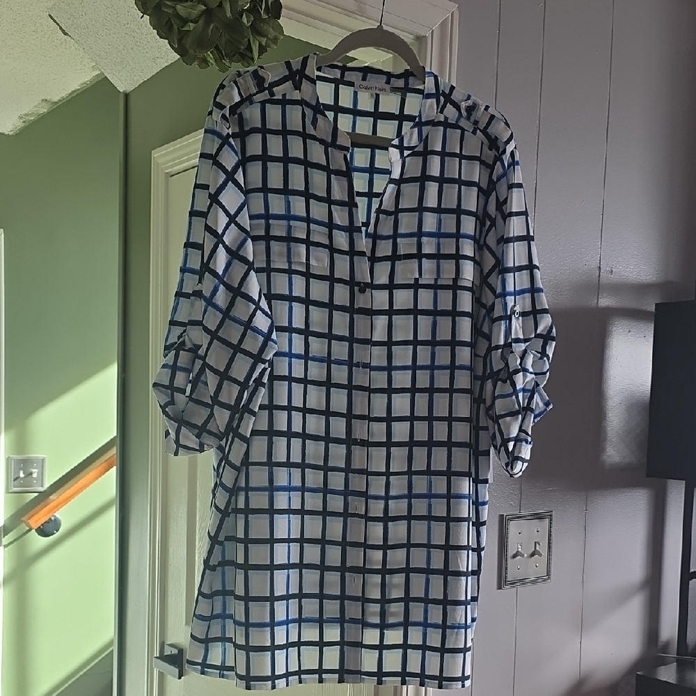 Calvin Klein Navy and White Plaid Top